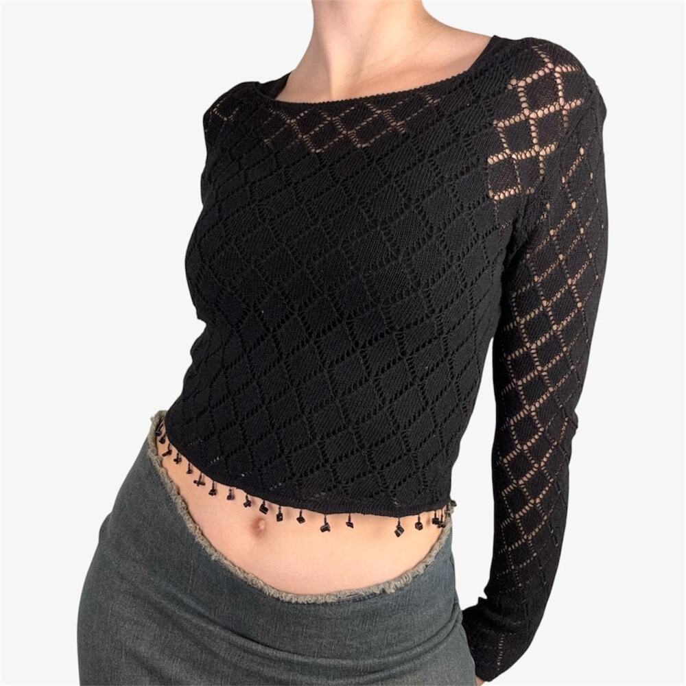 Adina italian vintage black diamond knit sheer sweater with beaded tassels - S